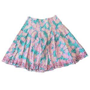 Vintage Lilly Pulitzer Aqua Blue Pink Floral A-Line Eyelet Hem Pleated Skirt 4